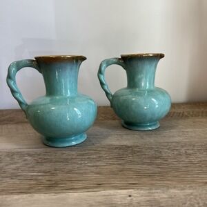 Teal And‎ Gold West Germany Mid-Century Pottery Matching Vases Jugs Vtg WWII